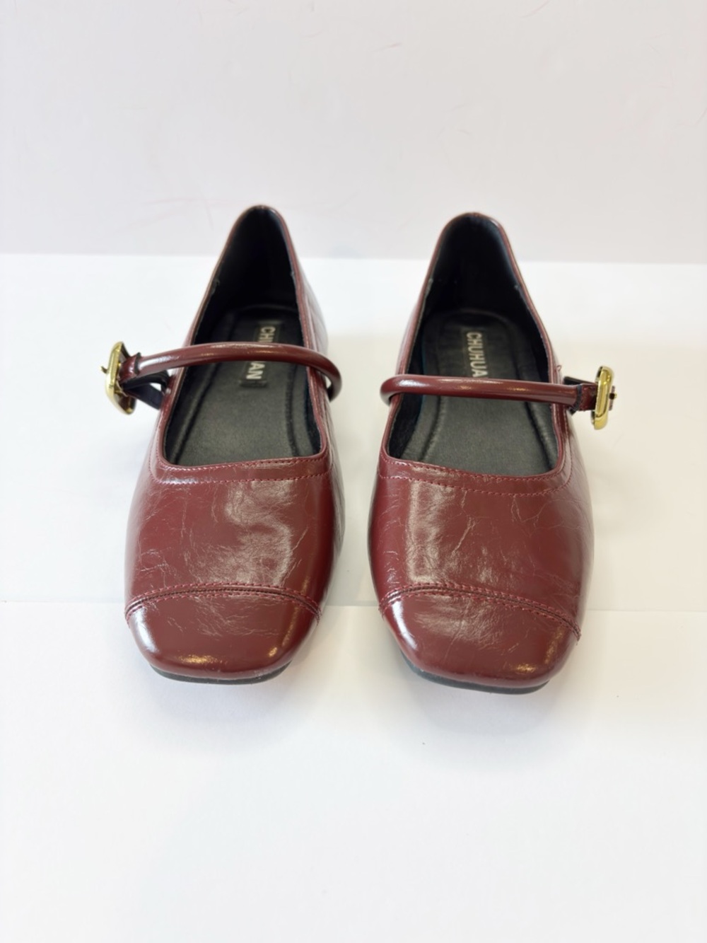 Chuhuan Mary Jane Flats Burgundy Square Toe Strap Buckle Size 37 - Picture 2 of 13